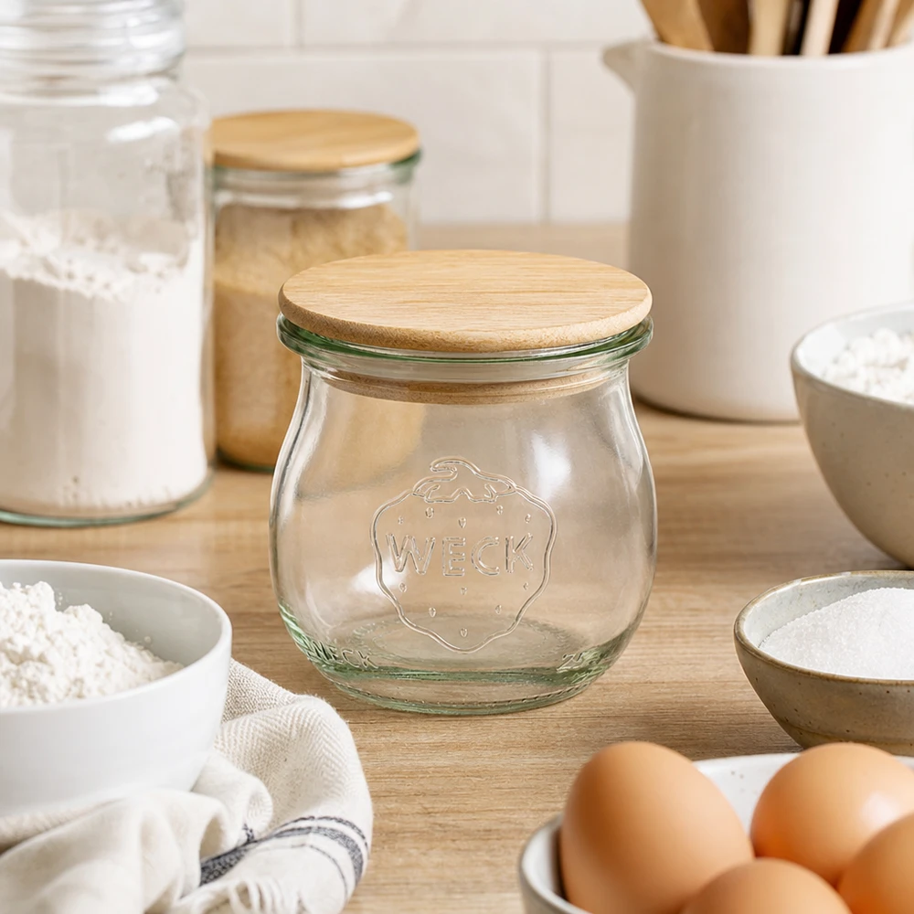 WECK tulppaanipurkki RR40 75ml bambukannella modernissa keittiössä munien, jauhojen ja keittiövälineiden ympäröimänä.