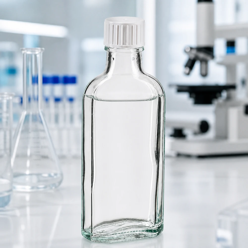 100 ml Meplat-kirkas kierrekorkki, jossa on kaaderengas. Läpinäkyvä 100 ml:n lasipullo, jossa on valkoinen kierrekorkki ja kaatorenkaan, laboratoriossa