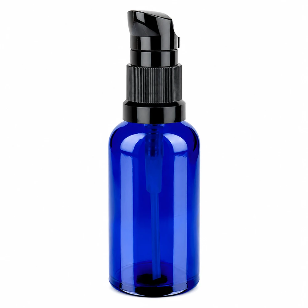 50 ml:n pumppupullo musta vakiokorkki BlueLine UT18/50 50 ml:n pumppupullo sininen mustalla pumppuannostelijalla STD BlueLine UT18/50