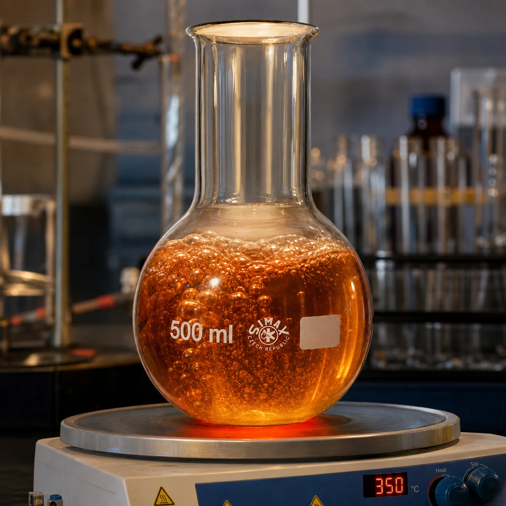500 ml:n pystysuora pullo 350 °C:n lämpölevyllä tislaus- ja lämmitysprosesseja varten laboratoriossa.
