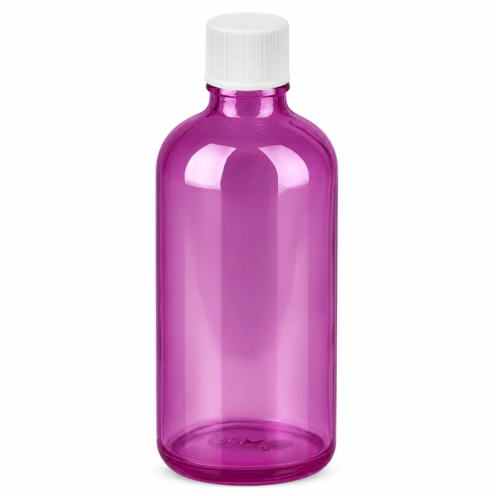 100ml violetti lasipullo, jossa valkoinen 11mm kierrekorkki kosmetiikkaan ja lääkkeisiin.
