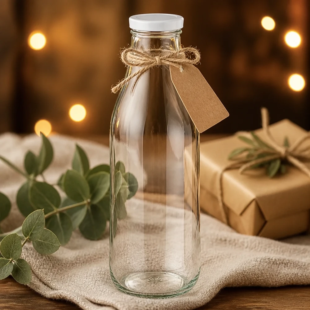 1000ml lasipullo + BasicSeal-kansi valkoinen UNiTWIST 1000ml lasipullo BasicSeal kansi valkoinen lahjapakkaus juuttisäkki eukalyptus koristelu lämmin valo maalaismainen esitys