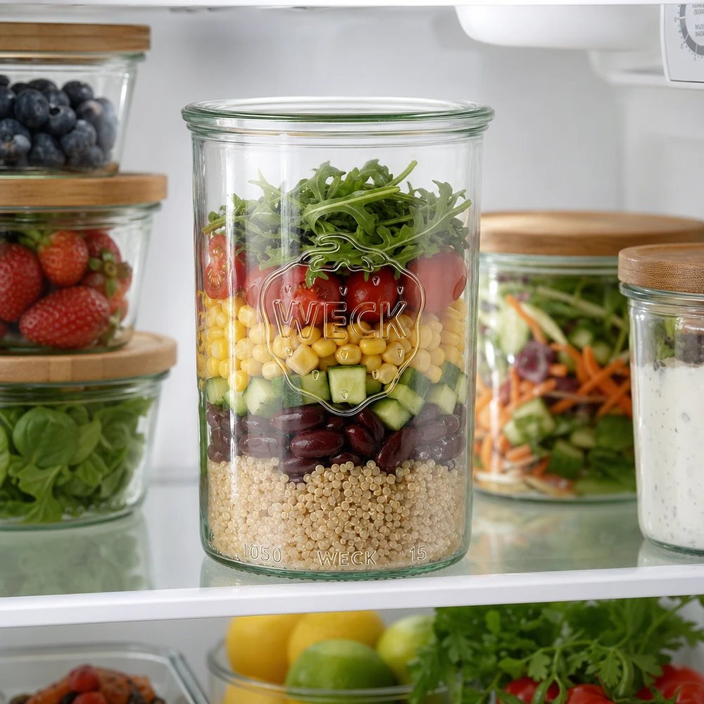 1000 ml:n WECK RR100 -lasipurkki WECK Sturzglas 1000ml mit buntem Schichtsalat im Kühlschrank - perfekt für Meal Prep und stylische Aufbewahrung