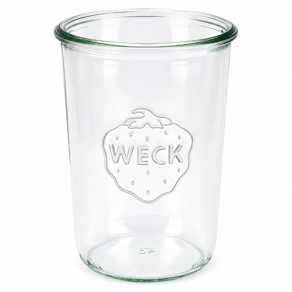WECK 850ml RR100 muuripurkki kirkkaasta lasista, jossa on kaiverrettu logo ja vihreä reunus säilöntään ja säilytykseen.