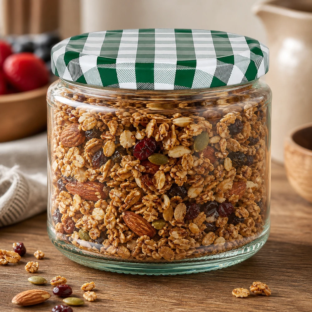 330ml pyöreä purkki + BasicSeal kansi vihreä/valkoinen UNiTWIST Rundglas 330ml gefüllt mit Müsli und Nüssen, grün-weißer BasicSeal Deckel, perfekt für Vorratshaltung in der Küche