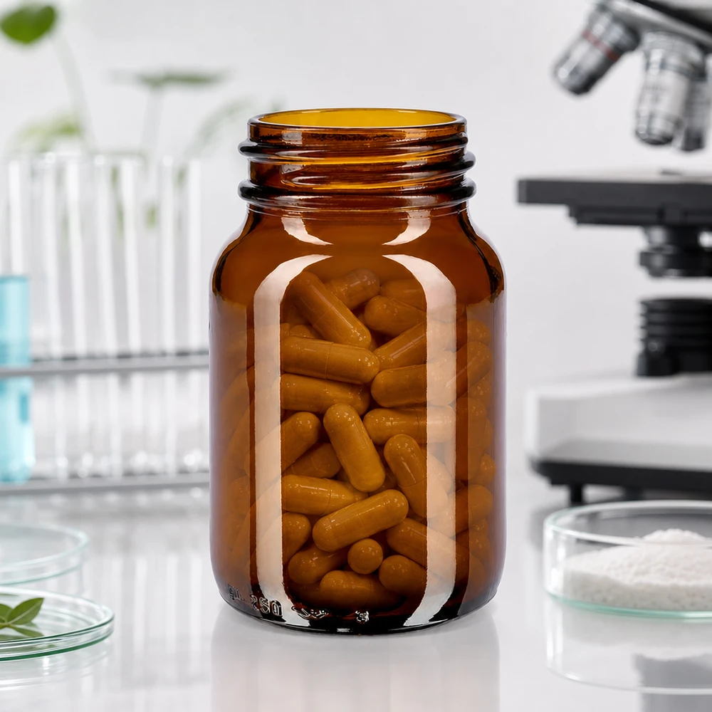 Kompakti 250 ml:n laajakaulapullo meripihkalasista, täydellinen laboratoriosovelluksiin ja lääkkeisiin.