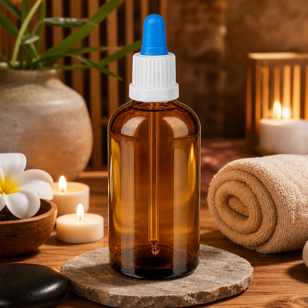 100ml apteekkipullo ruskeasta suojalasista, jossa on tippapipetti tarkkaa nesteen annostelua varten.