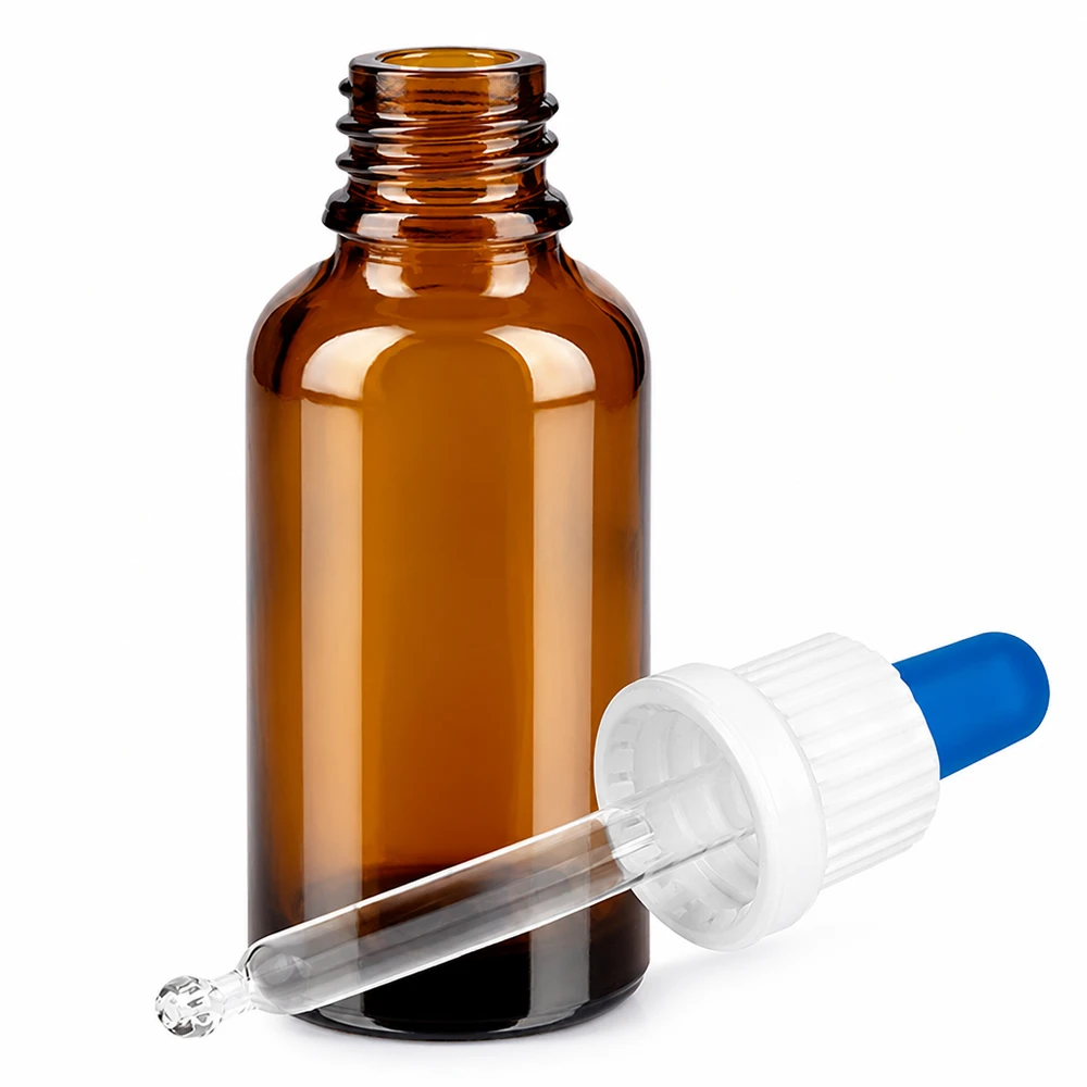 30ml pipettipullo valkoinen/sininen väärentämisen estävä sulkeminen BrownLine UT18/30 Meripihkanvärinen 30ml lasipullo pipetillä - ihanteellinen eteerisille öljyille ja seerumeille.