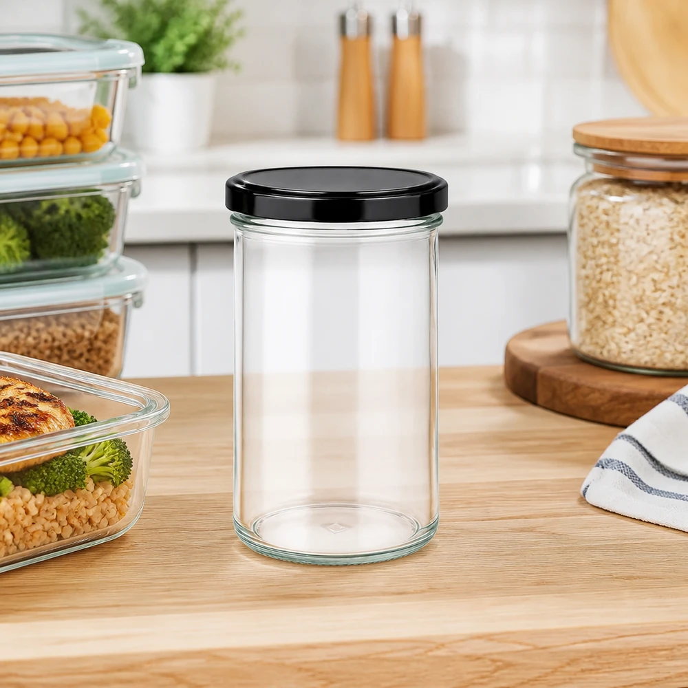 277ml Sturzglas in moderner Küche als Vorratsglas für Lebensmittel neben Meal-Prep-Behältern auf Holzarbeitsplatte