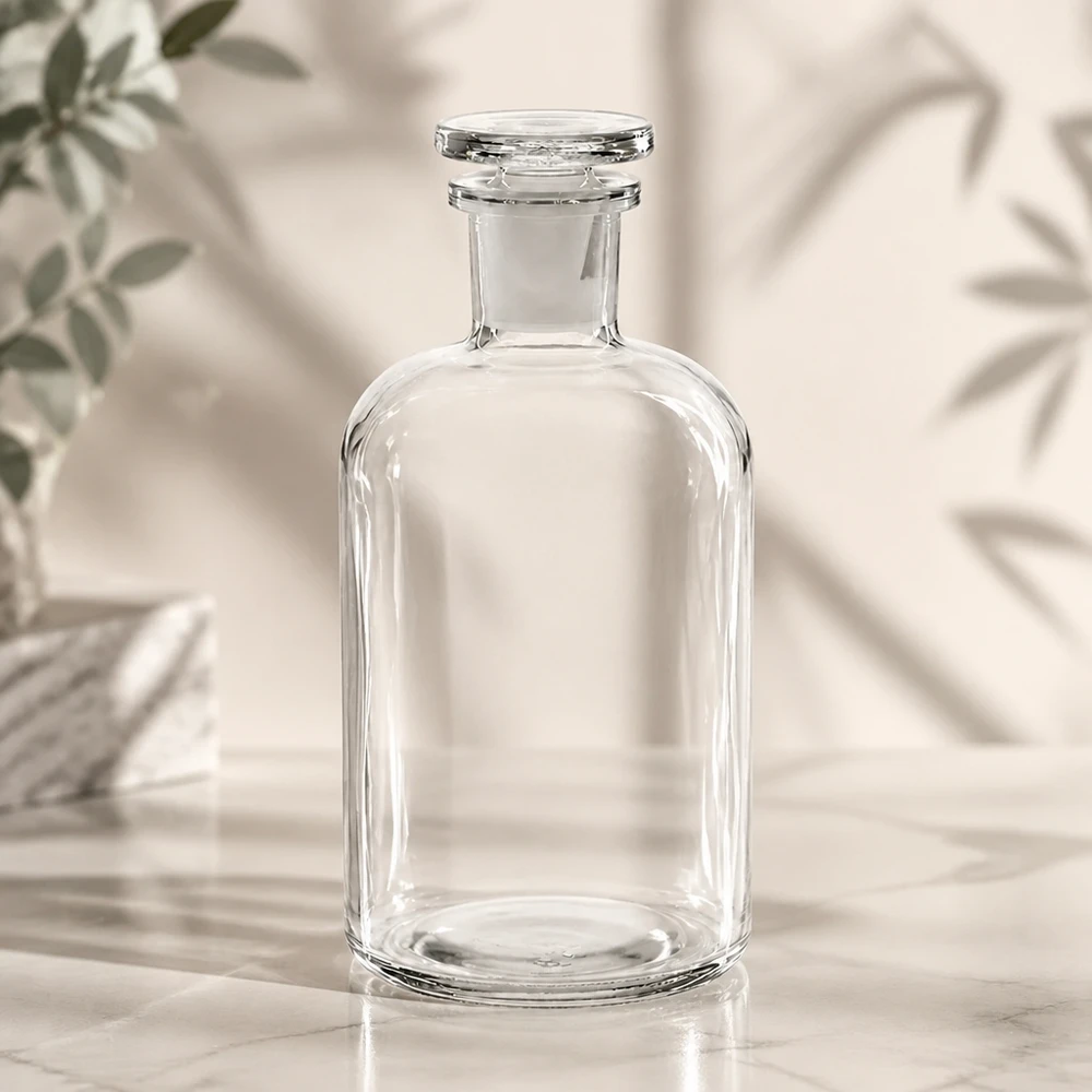 Pyöreä olkapääpullo 500ml kirkas kapeakaulainen lasitulppa Pyöreäolkapullopullo, 500 ml, kapeakaulainen, kirkas, läpinäkyvästä lasista valmistetulla litteällä lasitulpalla