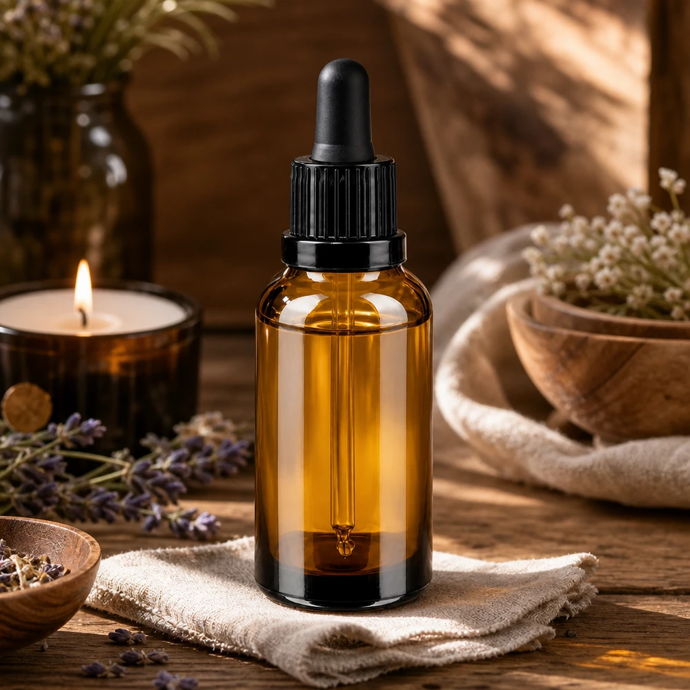 Tyylikäs 30ml pipettipullo meripihkalasista mustalla tippapullolla luonnolliseen ihonhoitoon.