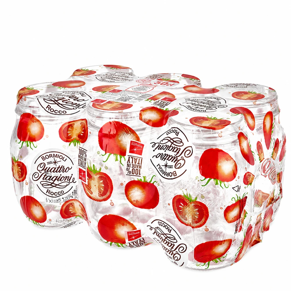 700ml pyöreä purkki "Quattro Stagioni", jossa on kansi. Quattro Stagioni 700ml säilöntäpurkkeja 6 kpl, joissa mansikkakuvioinen kansi Italialaiset säilöntäpurkit Bormioli Rocco