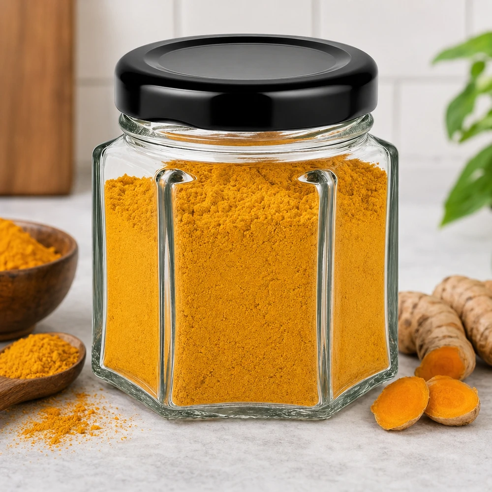 47ml heksapurkki BasicSeal-kannella musta UNiTWIST 47ml Hexaglas mit schwarzem Deckel gefüllt mit Kurkuma-Pulver neben frischen Kurkuma-Wurzeln in Küchenambiente