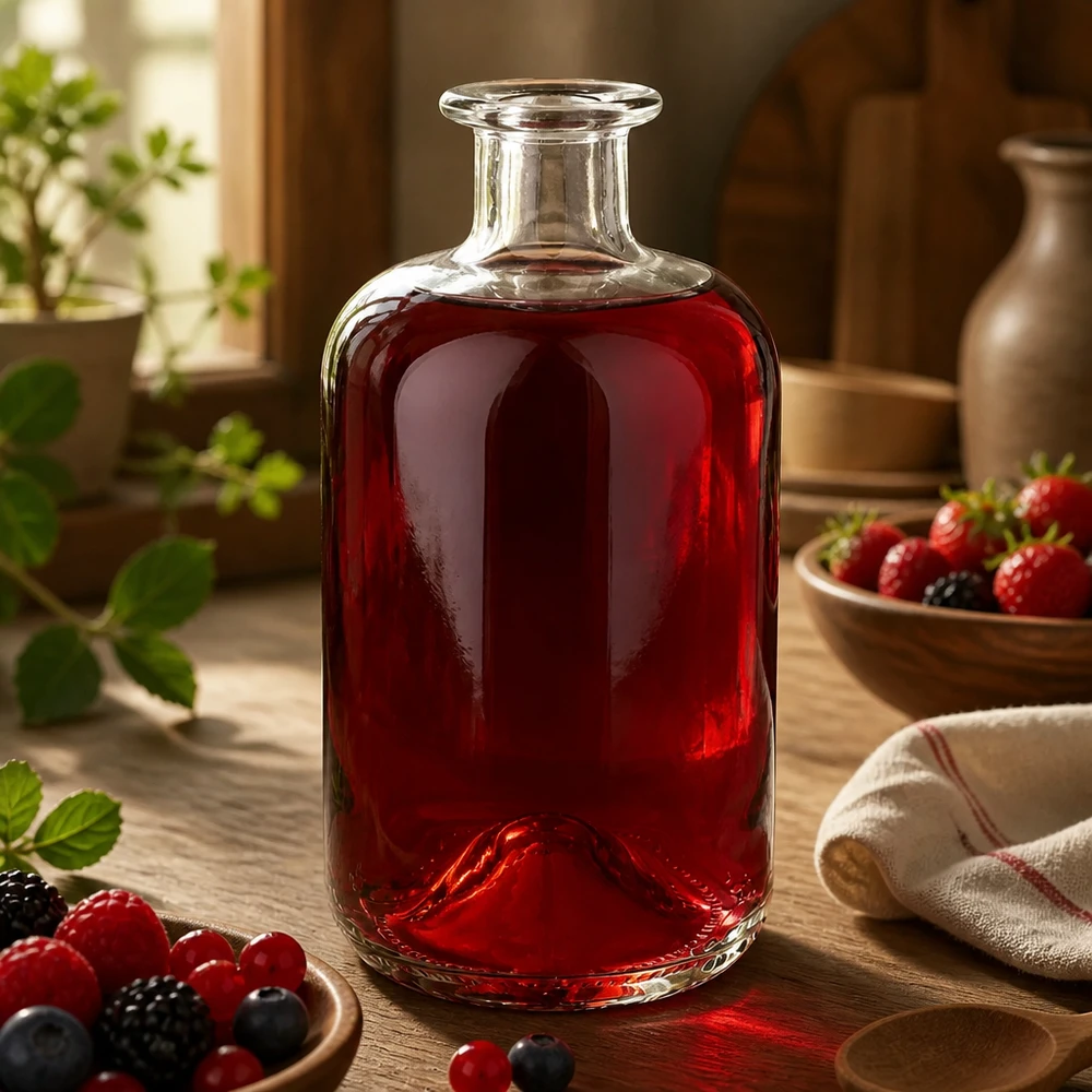 Luna 500ml -lasipullo täynnä punaista marjamehua tuoreiden marjojen välissä maalaismaisella puupöydällä koristeellisena inspiraationa.