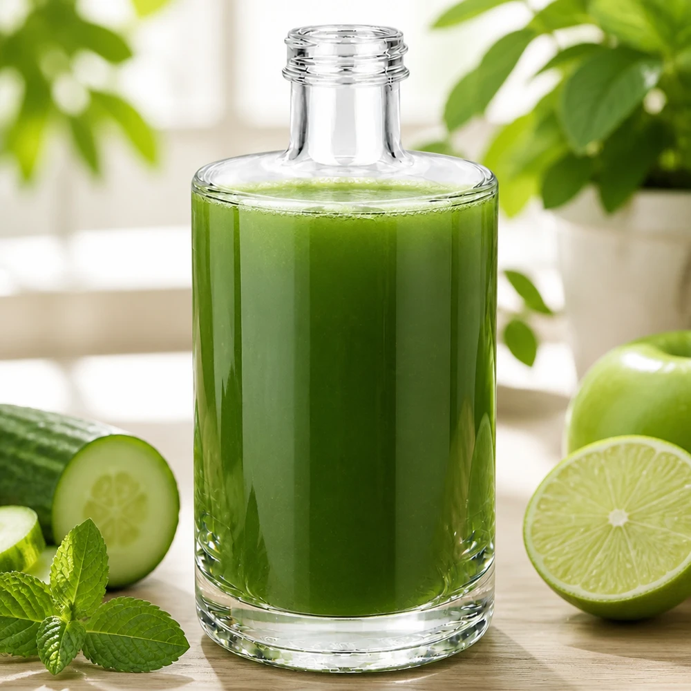 375ml Glasflasche "Sam" ohne Schraubverschluss UNiTWIST 375ml lasipullo Sam täynnä vihreää smoothieta kurkun, limen ja mintun vieressä vaalealla puitaustalla.