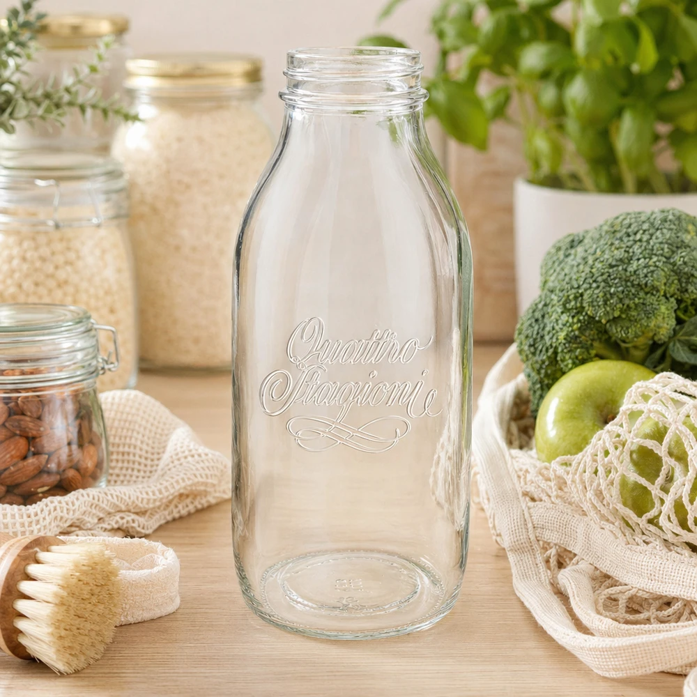 1000ml Quattro Stagioni laajasuinen lasipullo, jossa kaiverrettu teksti puupöydällä tuoreiden elintarvikkeiden vieressä.