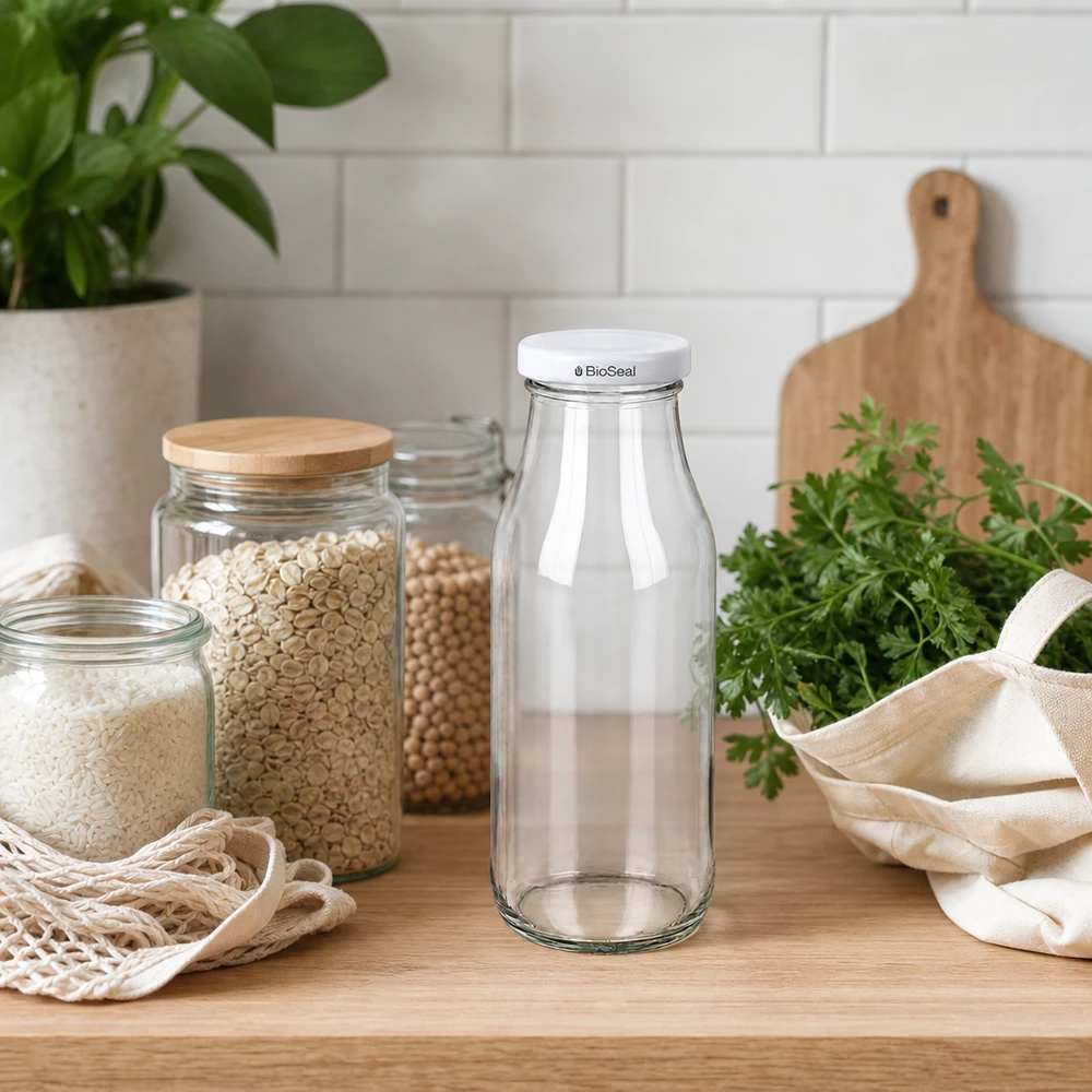 UNiTWIST Bottle263 Lasipullo tyhjänä puisella työtasolla säilytyspurkeissa olevien palkokasvien ja tuoreiden yrttien välissä.