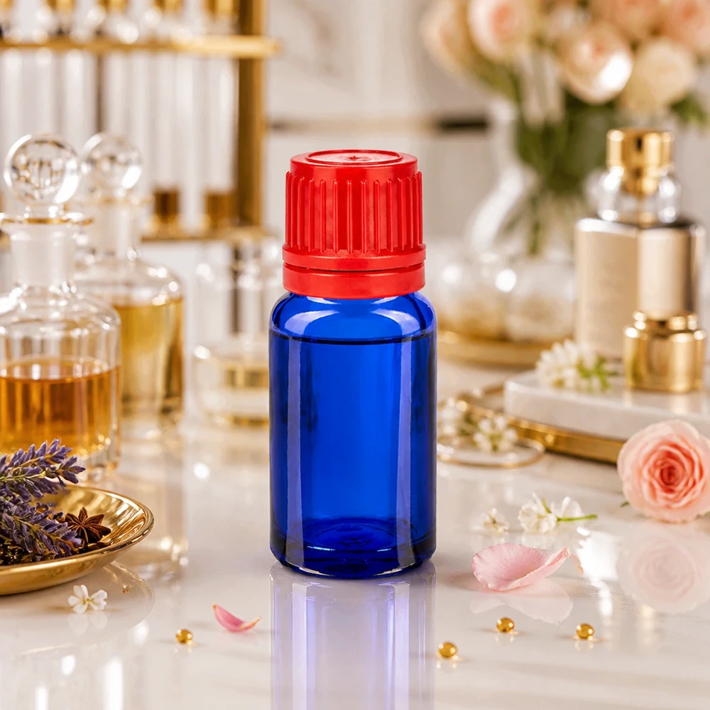 10ml pullo 11mm kierrekorkki punainen väärentämisen estävä korkki BlueLine UT18/10 10ml BlueLine lasipullo 11mm punaisella korkilla ihanteellinen hajuvesiöljyille ja esansseille.