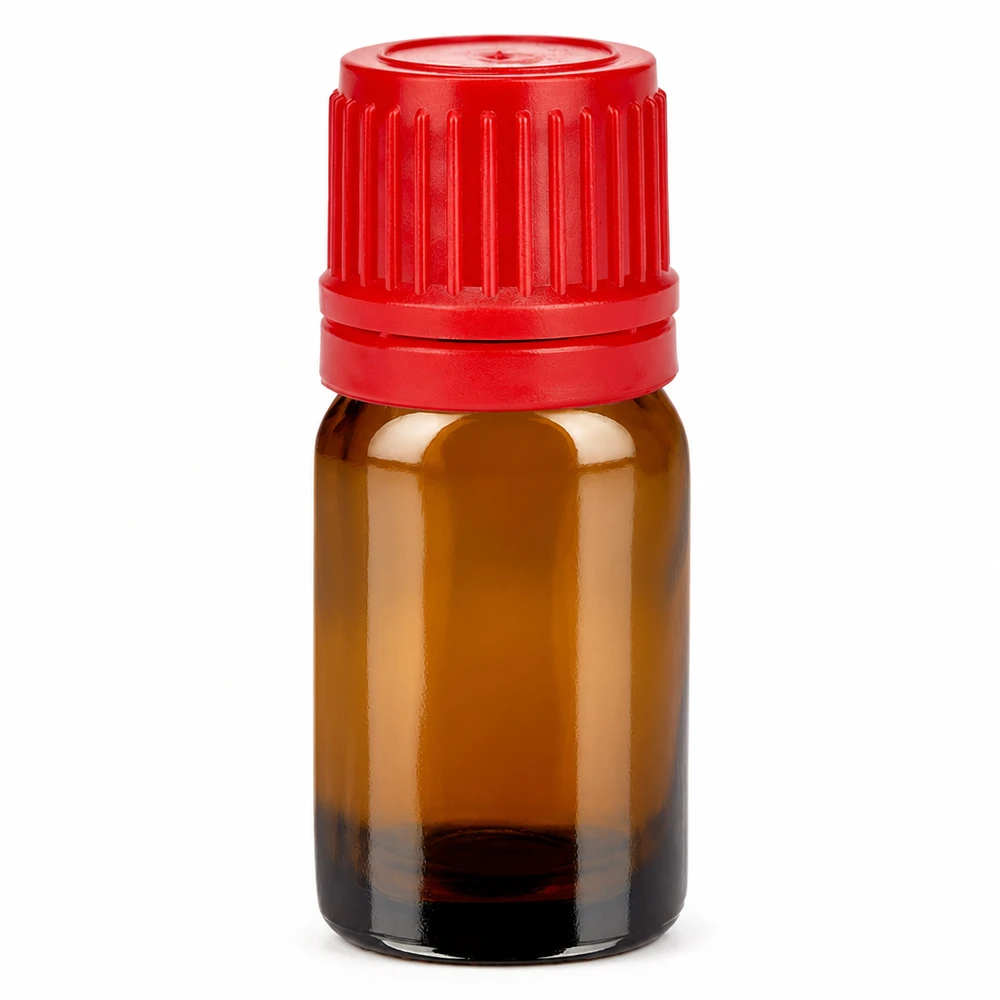 5ml pullo 11mm kierrekorkki punainen väärentämisen estävä korkki BrownLine UT18/5 5ml meripihkanvärinen lasipullo punaisella korkilla eteerisille öljyille ja aromaterapialle.