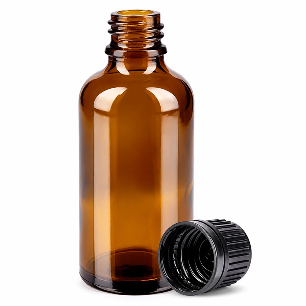 50ml pullo 11mm ruuvikorkki musta väärentämisen estävä korkki BrownLine UT18/50 Ruskea apteekkipullo 50ml, jossa on kierre ja irrotettava korkki valolle herkkiä aineita varten.