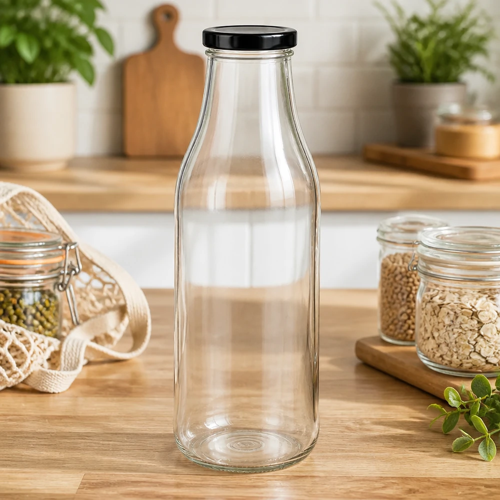 1000ml lasipullo + BasicSeal-kansi musta UNiTWIST 1000ml Glasflasche mit schwarzem Deckel in Zero-Waste Küche zwischen Vorratsgläsern und nachhaltigen Utensilien