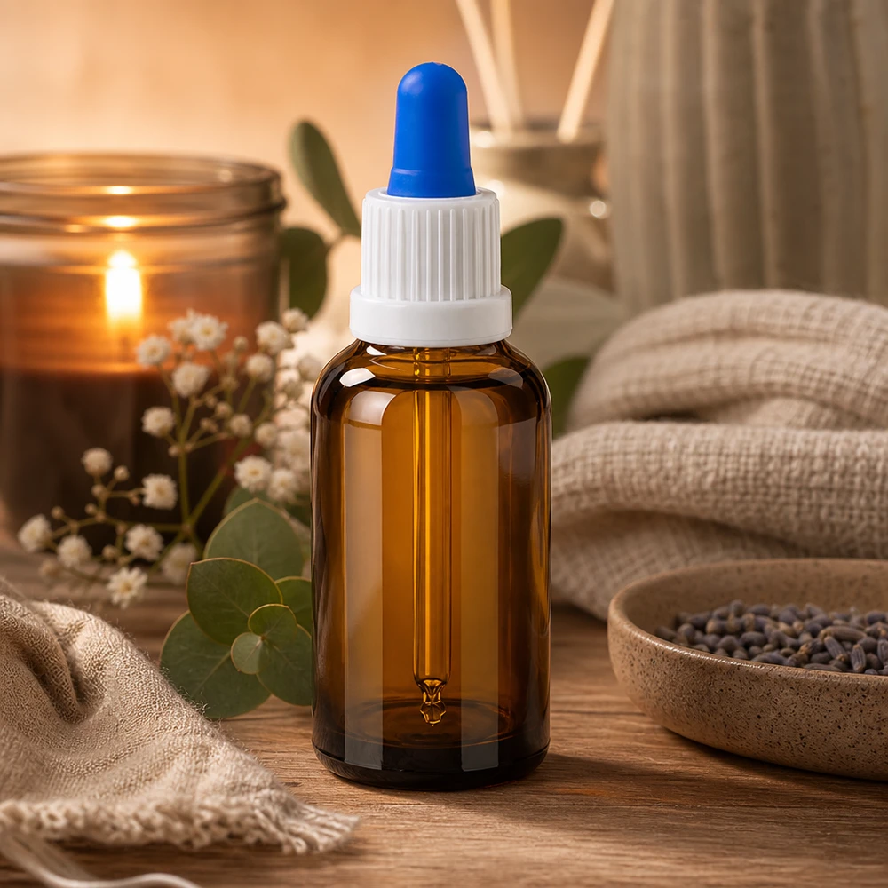 30ml pipettipullo sinisellä pipettikärjellä valvottuun pisaran annosteluun aromaterapiassa.