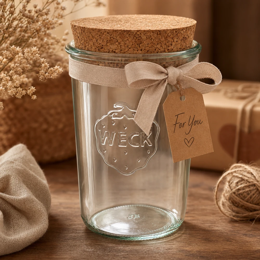WECK tumblers 850ml RR100 koristeellisesti järjestetty korkkikansi nauhalla ja lahjatunnisteella lahjaideana.