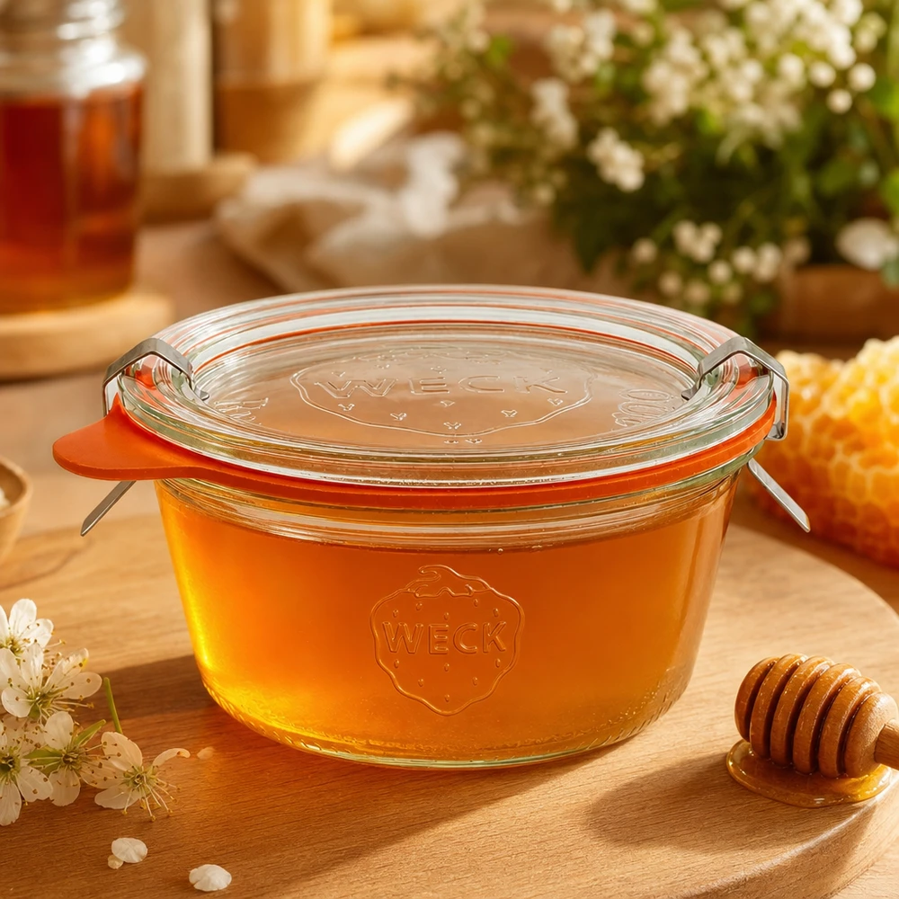 290ml tumppupurkki matala täydellinen WECK RR100 WECK-maljat 290ml RR100 täynnä kultaista hunajaa hunajalusikan ja hunajakennon vieressä luonnollisena säilytyspaikkana.