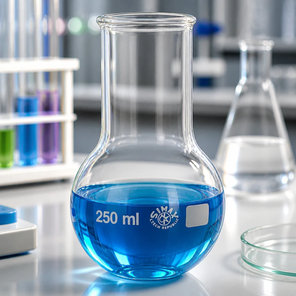 250 ml:n pyöreäpohjainen pullo, jossa on pallomainen pohja ja pitkä kaula tarkkaa laboratoriotyöskentelyä varten.
