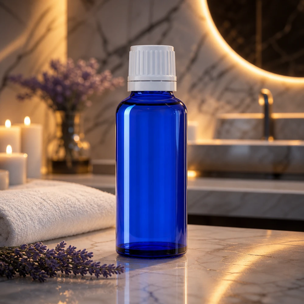 Apteekkipullo sininen 30ml tiputuskorkki 1.2mm valkoinen peukalointisuojattu korkki Sininen 30 ml:n ApoGlas-tiputuspullo, jossa on valkoinen korkki, marmoripinnalla laventelinoksien ja kynttilöiden vieressä
