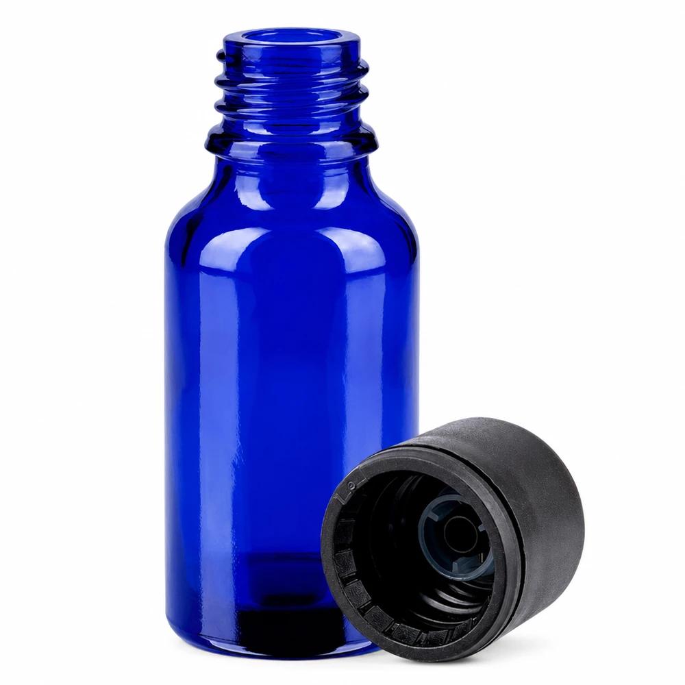 20ml BlueLine-lasipullo UT18/20-kierteellä ja vakiomustalla korkilla laboratoriosovelluksiin.