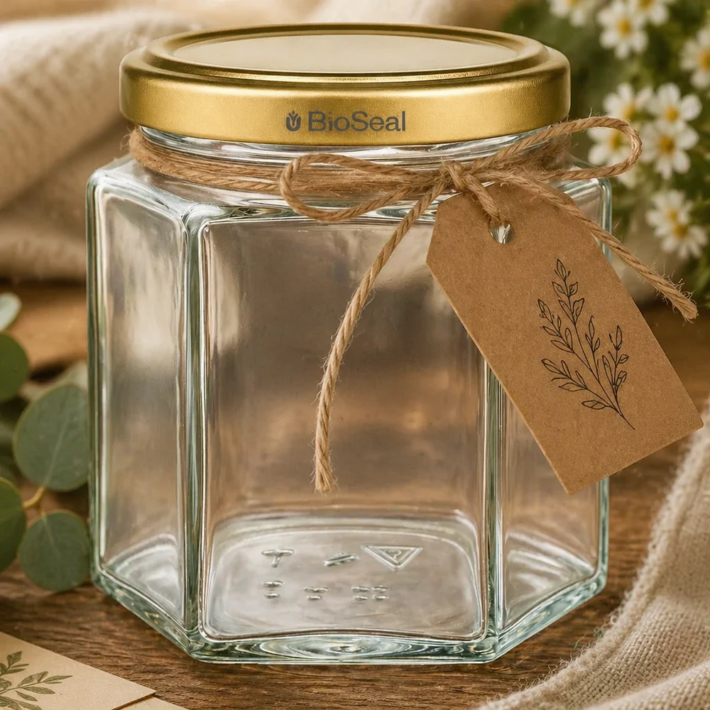 520g Honigglas mit goldenem Deckel BioSeal UNiTWIST Leeres 520g BioSeal Honigglas hexagonal mit Golddeckel und rustikaler Kraftpapier-Banderole als Geschenkverpackung
