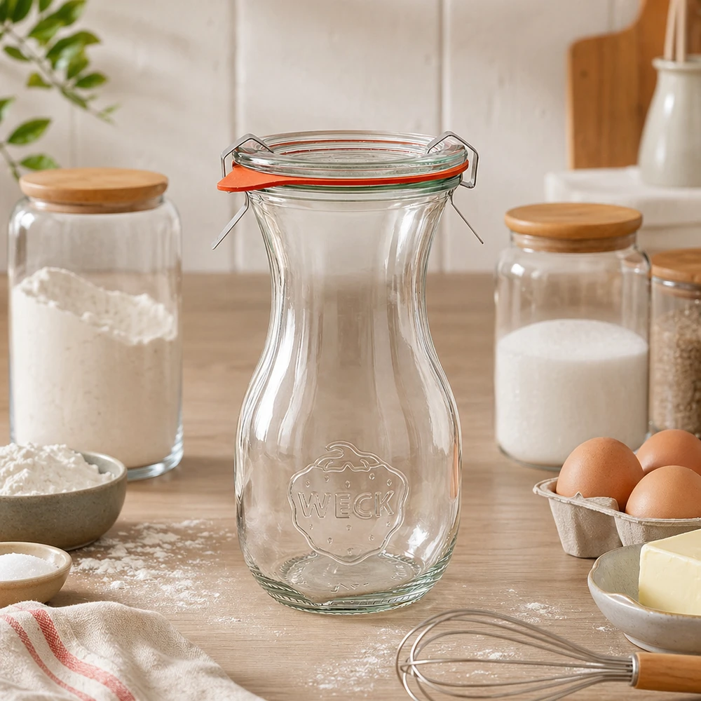 WECK mehupullo 290ml RR60 tyhjä modernissa keittiössä leivonta-aineiden ja säilytyspurkkien välissä työtasolla