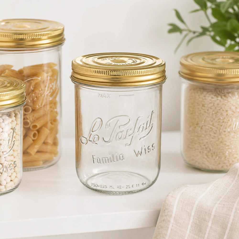 Familia Wiss 1020ml muuripurkki, jossa on kultainen kansi, säilöntään ja varastointiin keittiössä.
