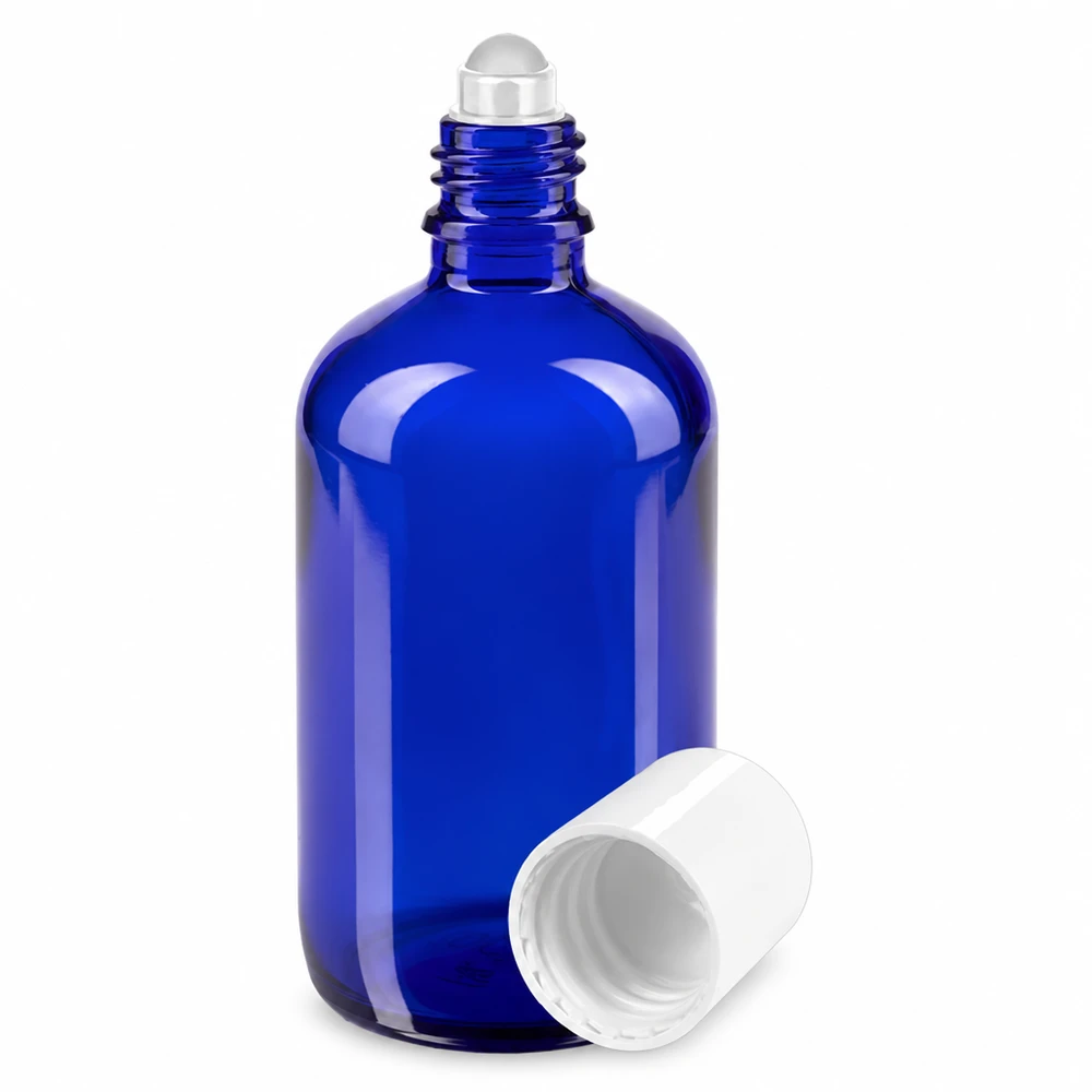 100 ml:n sininen roll-on-pullo apteekkilasista, valkoisella korkilla ja rullapallolla