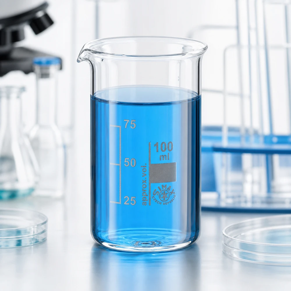 Juomalasi 100ml borosilikaattilasi, korkea muoto Laboratoriokuva: 100 ml:n korkea koeputki, jossa on sinistä nestettä valkoisella taustalla