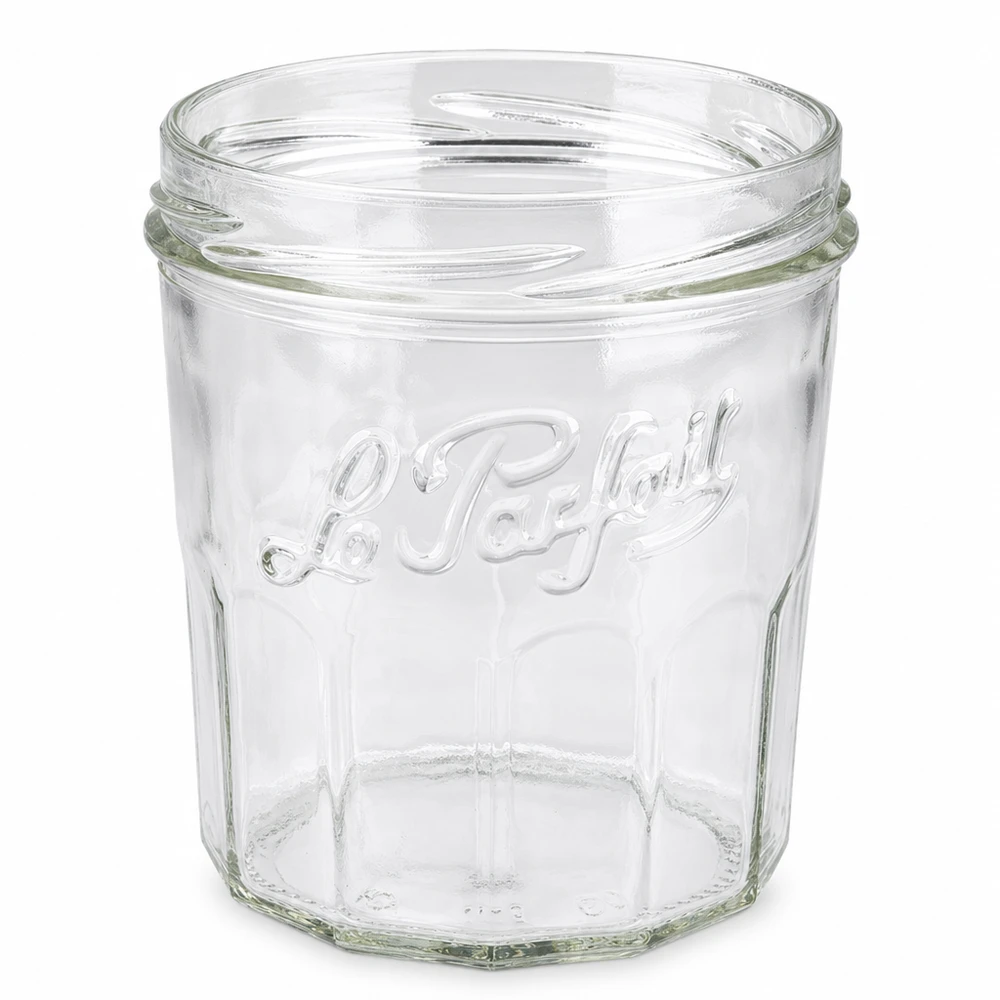 324ml Le Parfait -säilykepurkki ilman kantta, jossa on klassinen kohokuvio ja ruuvikierre hilloa varten.