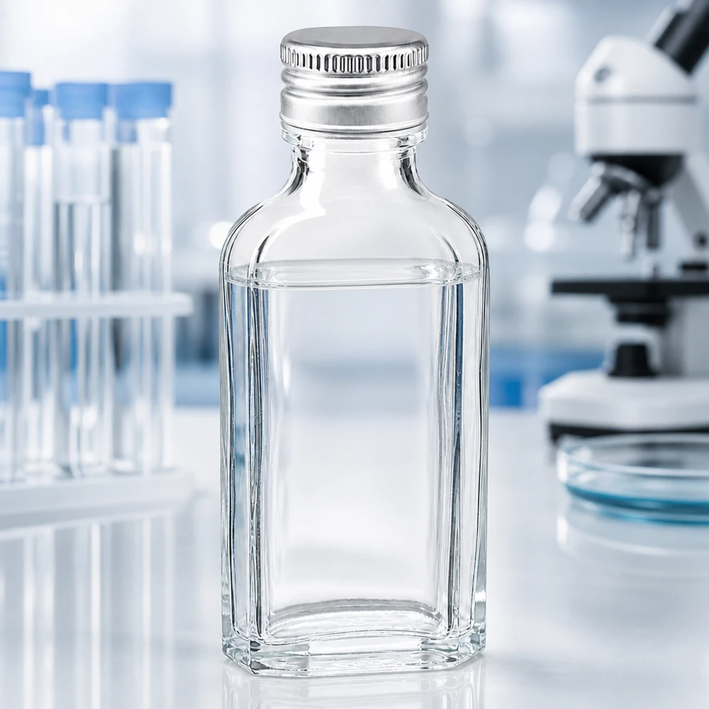 Pieni 50 ml:n laboratoriopullo kirkkaasta lasista, jossa on PP22-alumiinikorkki, tieteellisessä ympäristössä