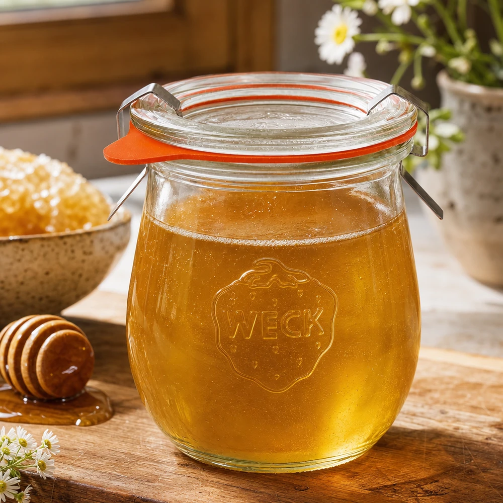 WECK tulppaanipurkki 220ml RR60 täynnä hunajaa puupöydällä hunajalusikan ja hunajakennon vieressä maalaismaisemassa keittiössä.
