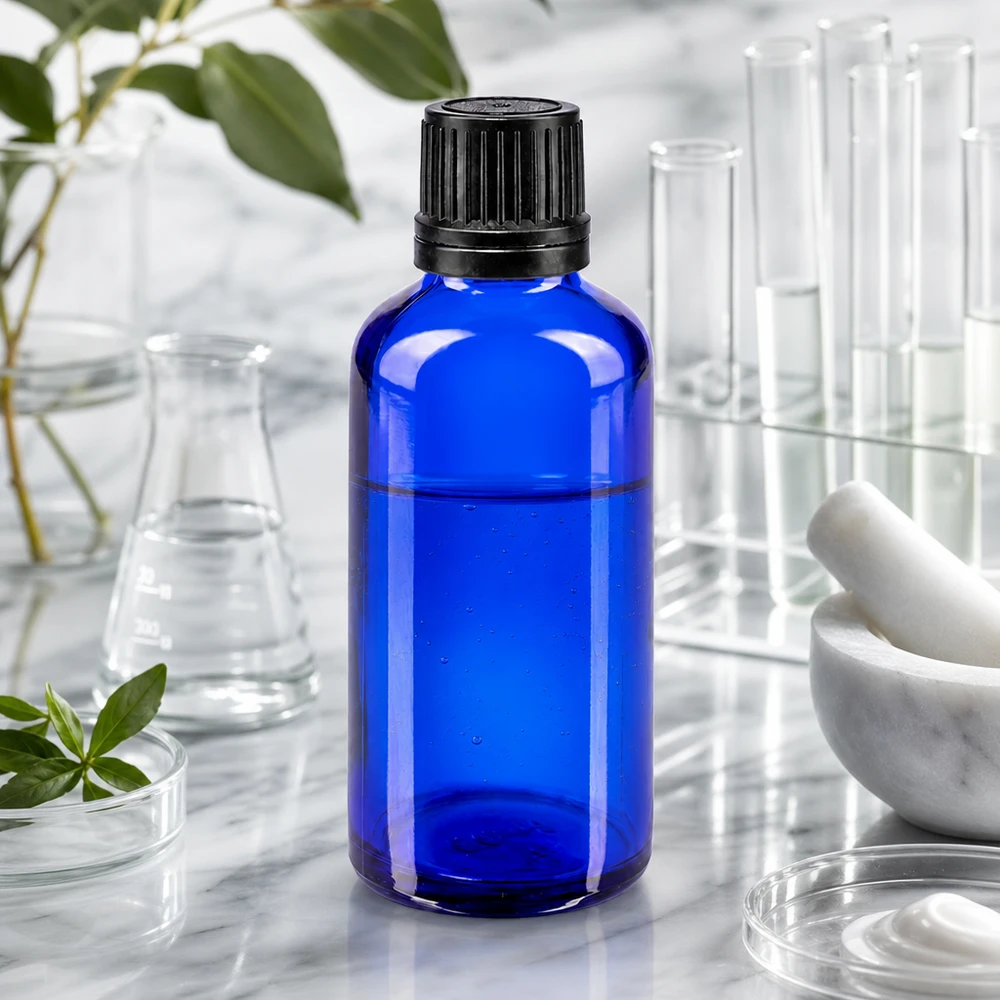 Apteekkipullo sininen 50ml tippapullo korkki kaaderengas 1mm musta peukaloinninesto sulkeminen Sininen 50 ml:n tiputuspullo, jossa on 1 mm:n tarkkuudella toimiva tiputusosa, laboratorioympäristössä koeputkien kanssa