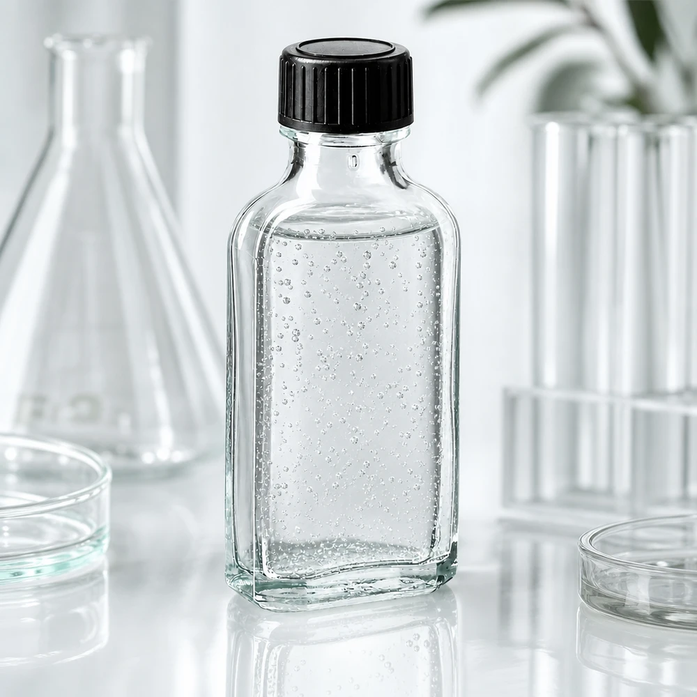 Läpinäkyvä Meplat-lasipullo, 50 ml, jossa on ilmakuplia laboratorioympäristössä, ja musta kierrekorkki