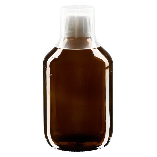 300ml lääkepullo ruskea, peukaloitu korkki, jossa annostelukuppi 30ml ApoGlas