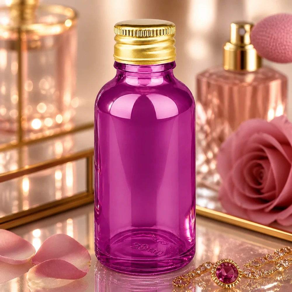 Ylellinen 30ml violetti lasipullo, jossa on kiiltävä pinta ja tyylikäs kultainen alumiinikorkki STD