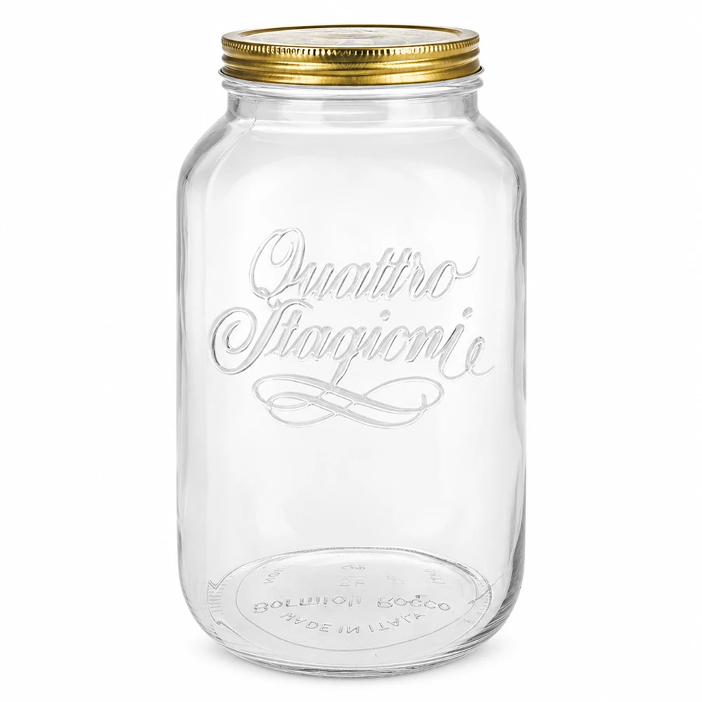 3800ml pyöreä purkki "Quattro Stagioni", jossa on kansi. Quattro Stagioni pyöreä purkki 3800ml kultaisella ruuvikannella säilöntätölkki italialainen muotoilu tyhjä