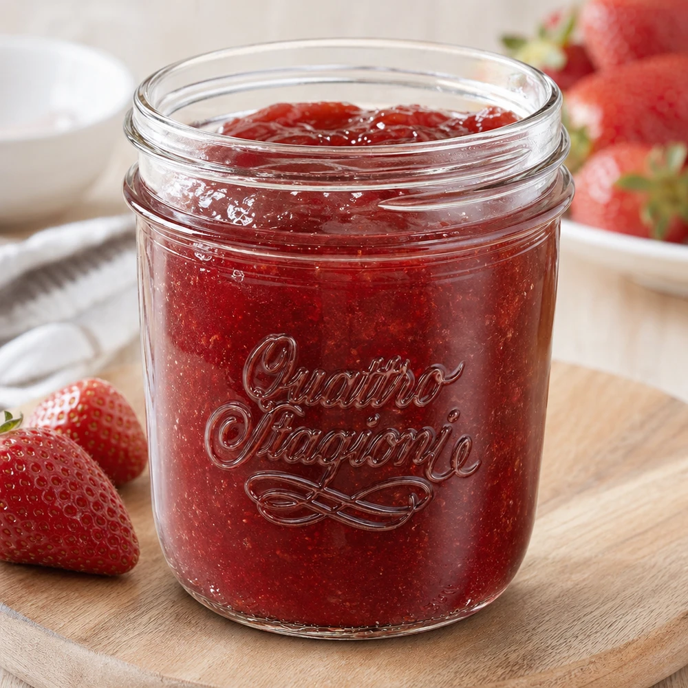 320 ml:n juomapullot "Quattro Stagioni" QS86mm Quattro Stagioni Sturzglas 320ml mit Erdbeermarmelade gefüllt auf Holzbrett mit frischen Erdbeeren