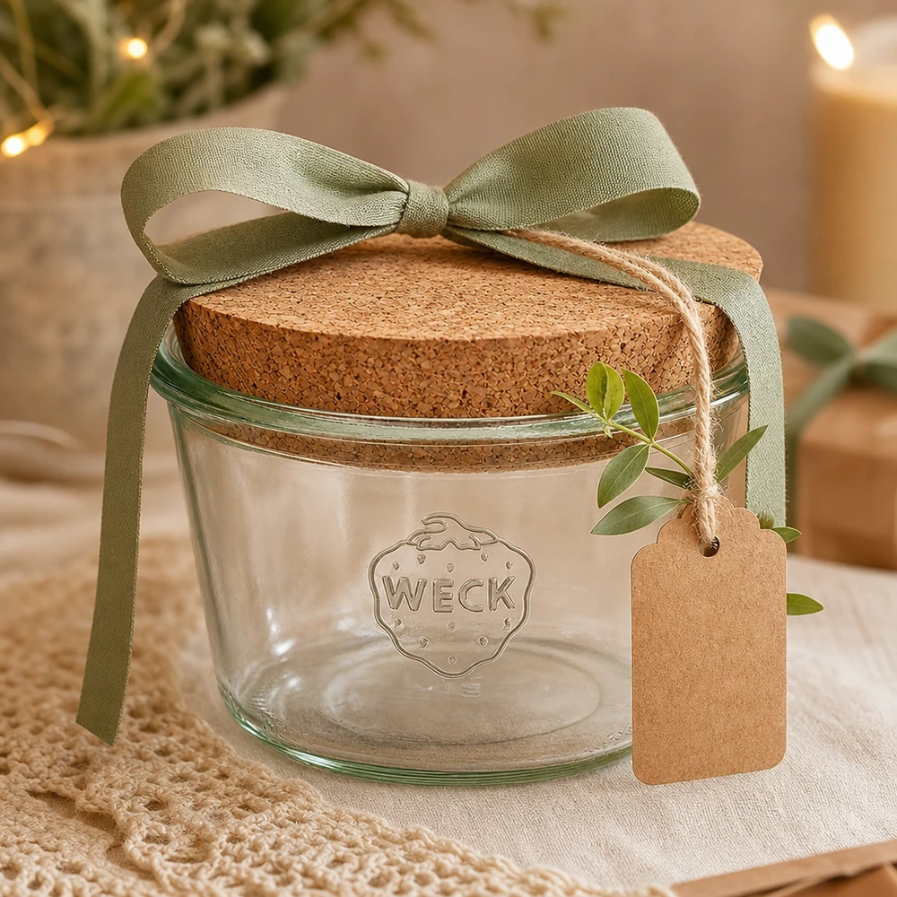 370ml tulppaanipullot WECK RR100 korkilla luonnollinen WECK tumblers 370ml RR100 korkkikannella korkkikannella lahjaksi koristeltu vihreällä nauhalla ja riipuksella olohuoneen tunnelmaan.