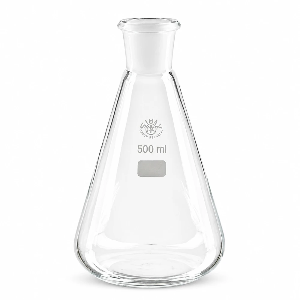 Kartiomainen lasipullo 500ml, jossa on hiottu liitos NS 29/32 tarkkaan laboratoriotyöhön.
