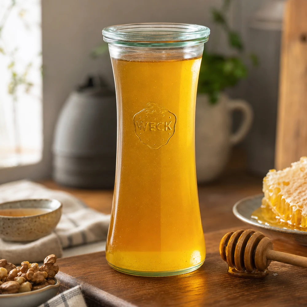 WECK herkkupurkki 700ml RR80 täynnä hunajaa hunajakennon ja hunajalusikan vieressä viihtyisässä keittiössä.