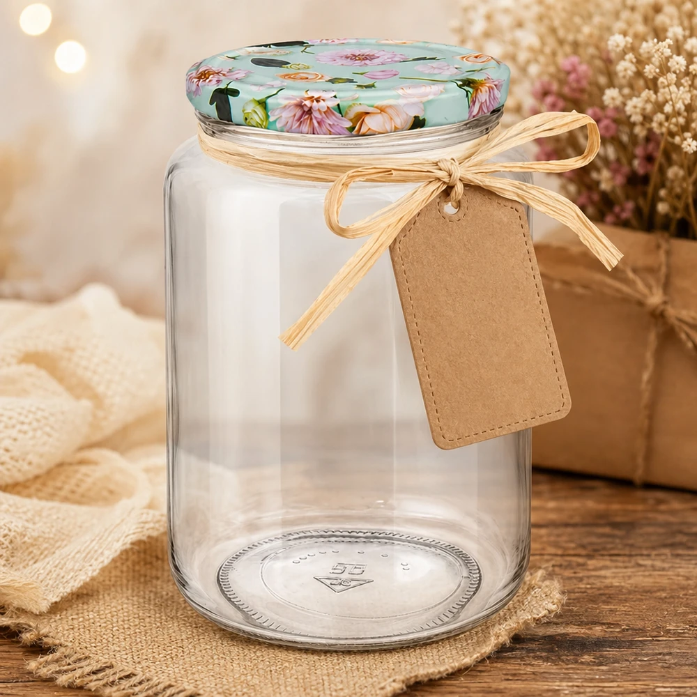 795ml pyöreä purkki + BasicSeal kansi kukka minttu UNiTWIST 795ml pyöreä purkki lahjanauhalla ja tagilla lahjaksi, minttukukka kansi luoviin DIY-lahjaideoihin.