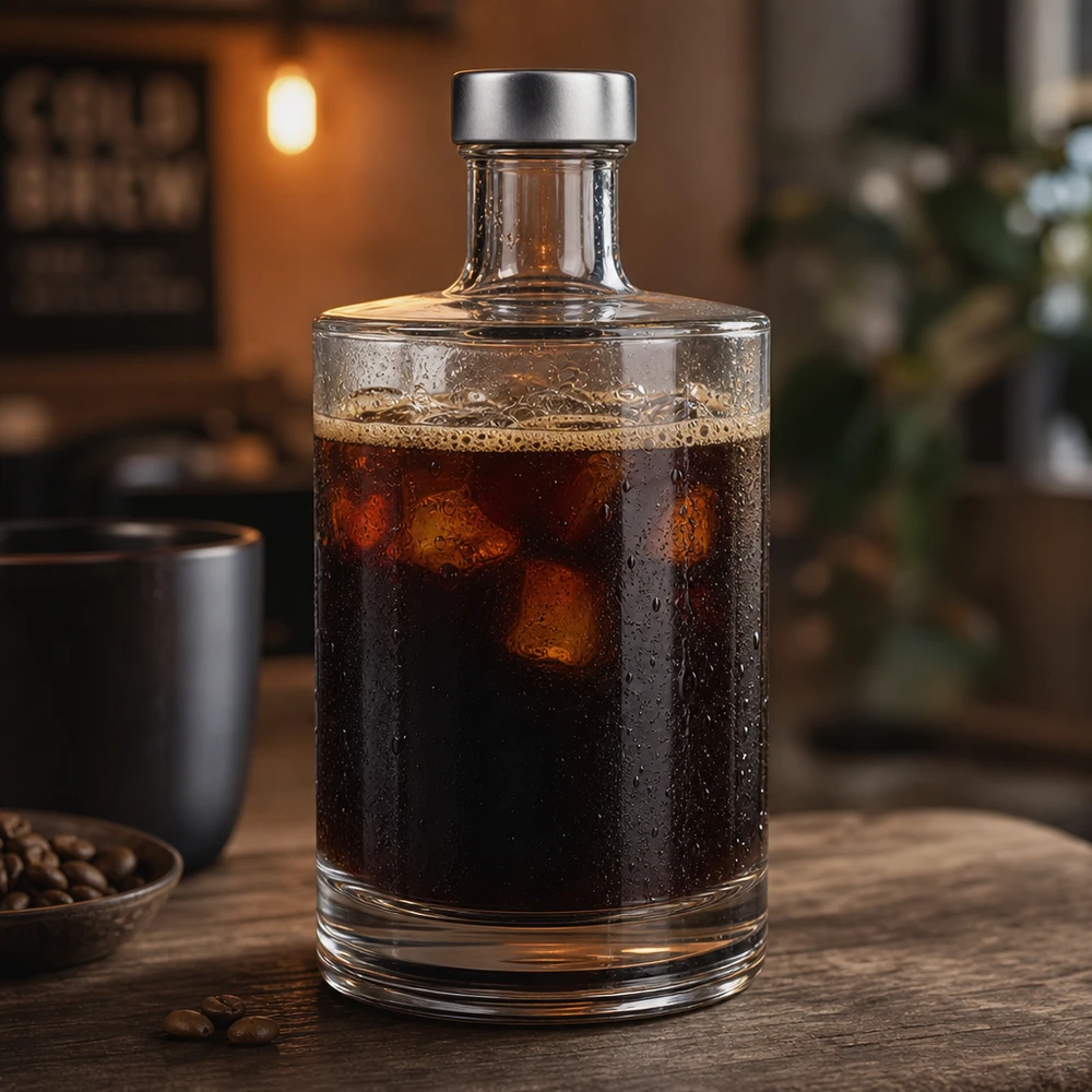500ml Glasflasche "Sam" + Schraubverschluss silber UNiTWIST 500ml lasipullo Sam täynnä kylmää kahvia puupöydällä kahvipapujen vieressä viihtyisä kahvilatunnelma.